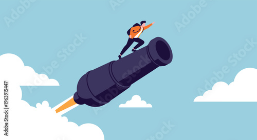 Adventurous person riding a giant cannon that is shooting through clouds like a rocket to symbolize an explosive business launch or start.