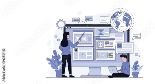 Group of developers working on a large computer screen displaying website wireframes and global network connectivity symbols for IT projects.