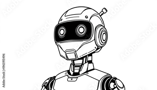 Futuristic robot head illustration in black and white, with a sleek design and glowing eyes, symbolizing artificial intelligence and advanced technology