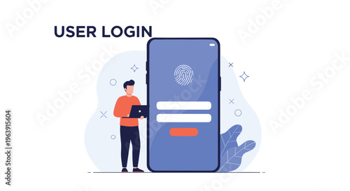 Smartphone screen showing a fingerprint biometric scan for user login with a person working on a laptop in the background for security.