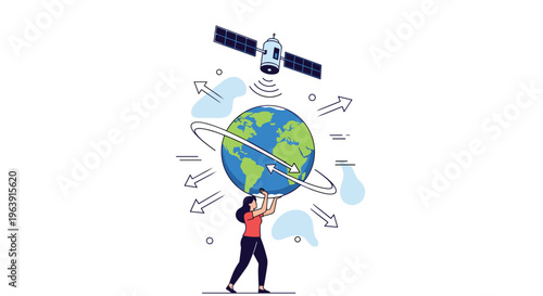 Determined woman carrying a globe on her back surrounded by floating arrows and a satellite to represent global responsibility and impact.