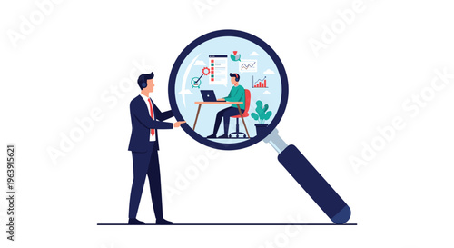 Businessman using a giant magnifying glass to inspect a coworker at their desk representing management oversight and quality control.