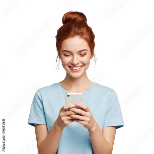 A young woman with auburn hair tied in a bun wears a light blue shirt while holding and looking down at her smartphone with a happy expression,png