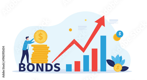 Investor placing a coin on a stack next to the word BONDS and a rising line graph to illustrate fixed income and investment returns.