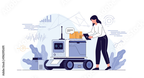 Woman using a tablet to control an autonomous delivery robot carrying a cardboard box in a technologically advanced warehouse setting.