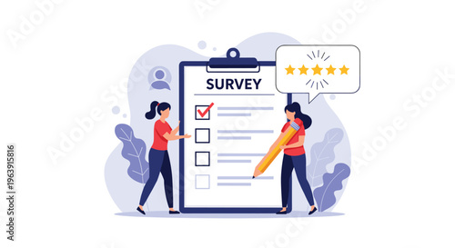 Two women working together to fill out a large survey on a clipboard with a five star rating speech bubble representing customer feedback.