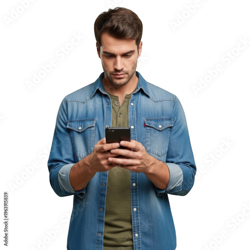 A handsome young man with dark hair and stylish stubble wears a casual denim shirt while looking intently at his black smartphone screen during his daily routine,png