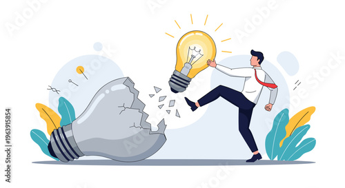 Businessman kicking a broken lightbulb while holding a new bright glowing one to symbolize innovation and moving on from failed ideas.
