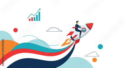 Businessman riding a rocket ship through a colorful wave with a bar graph showing upward growth to represent a high growth startup venture.