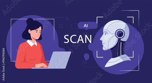 Woman using a laptop next to a digital profile of a robot being scanned with AI SCAN text representing human and artificial intelligence.