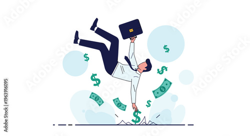 Businessman falling through the air with a briefcase and falling dollar bills to represent financial instability or a sudden economic drop.