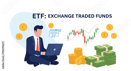 Successful businessman with laptop analyzing exchange traded funds market trends with stock charts and money stacks illustrating wealth.