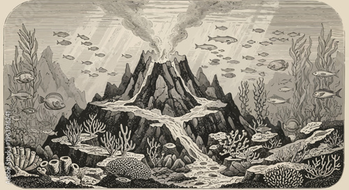Vintage Illustration of an Underwater Volcano Eruption with Marine Life