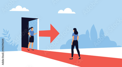 Businesswoman entering a doorway following a red arrow path while another walks on a red carpet representing professional opportunities.