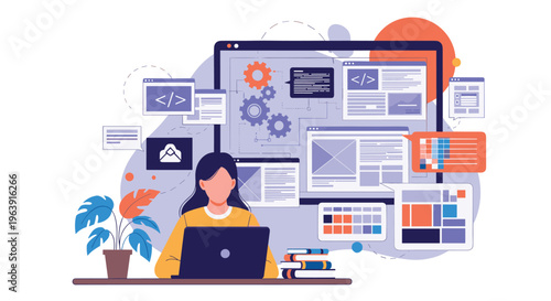 Creative woman working on web design and user interface development with multiple application windows floating around her laptop desk.