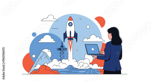 Professional woman working on a laptop while observing a space rocket launch representing innovation and successful startup progress.