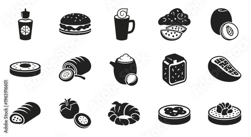 Set of Food and Drink Icons in Black and White Silhouette Style