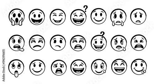 Collection of 18 unique emoticon faces on white background