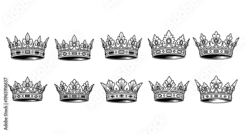 A collection of eight regal crowns with floral and gemstone details