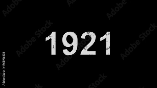 Vintage 1921 number animation on black background. Old film style historical year loop. White 1921 number text on black background. Minimal countdown or year concept animation.