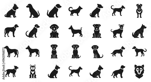 Set of Various Dog Breed Silhouettes Icons