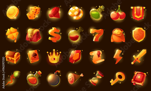 Golden glowing game icons. Cartoon award and loot icons for game UI, key trophy gemstone gold coins money icons with shiny glow. Vector casino set