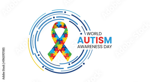 World Autism Awareness Day vector illustration with a colorful puzzle piece ribbon in a circular design, symbolizing neurodiversity awareness and support for an inclusive society concept.
