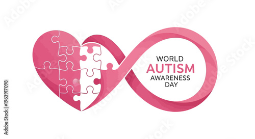 Vector illustration of a pink heart with puzzle pieces and infinity symbol for World Autism Awareness Day on a white background with a supportive autism acceptance concept.