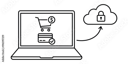 Secure online shopping experience with protected cloud data storage, symbolizing safe e-commerce transactions and digital payment security through encrypted internet services