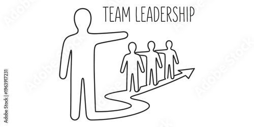 Illustration of team leadership with a leader guiding a group along a winding path towards success