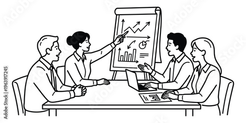 Business team collaborating on a presentation with growth charts displayed on a flip chart during a meeting