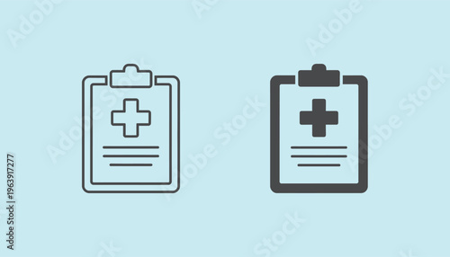 Medical clipboard icons, healthcare symbols, cross signs, light blue background