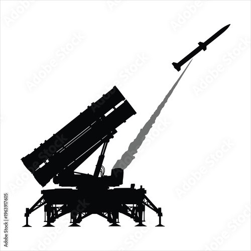 Heavy army military forces rocket launcher vehicle firing a missile with smoke and fire on the battlefield. Powerful mobile artillery system engaging in long-range combat operations