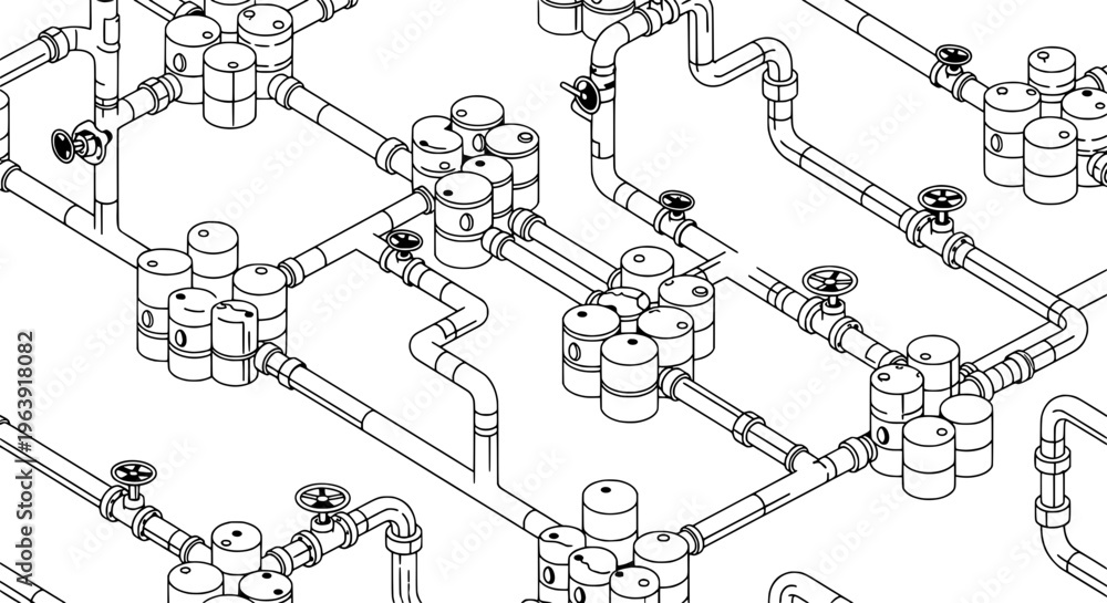 Obraz premium Industrial pipeline system with multiple valves and connections shown