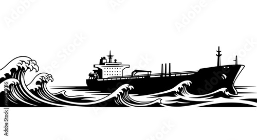 Large cargo ship navigates through turbulent ocean waves in stormy weather conditions