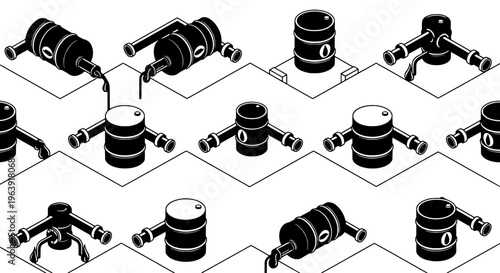 Robots interacting with oil barrels on metal grids in an industrial setting from above