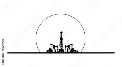 Oil rigs operate at sunset in a desert landscape with pumpjacks