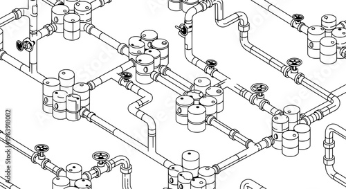 Industrial pipeline system with multiple valves and connections shown