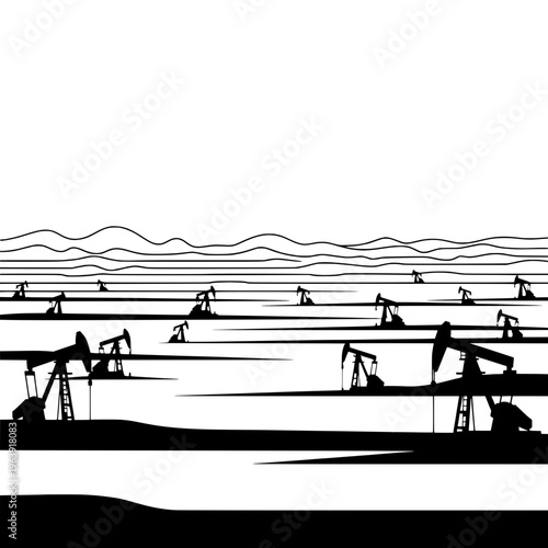 Oil rigs operate in a desert landscape with rolling hills