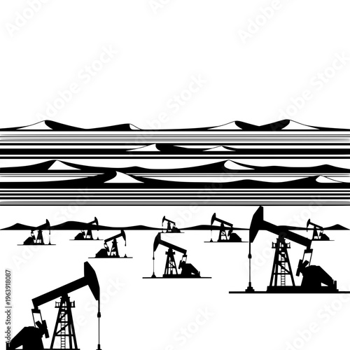 Oil rigs operate beneath striped desert landscape at sunset