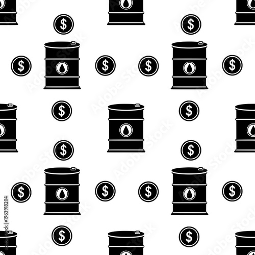 An illustration depicts oil barrels and dollar coins on a white background.