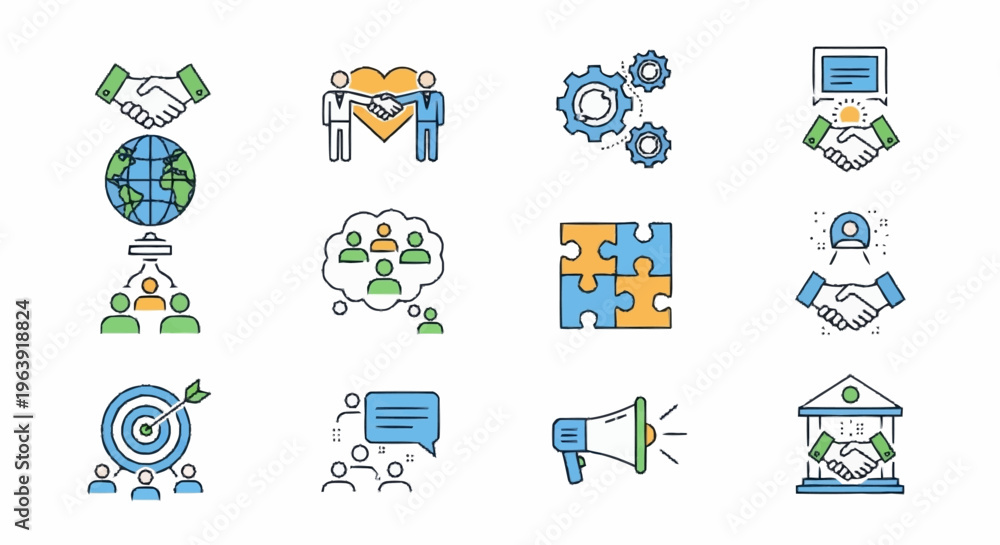 Fototapeta premium Business Partnership Icons - Collaboration, Agreement, and Global Cooperation.