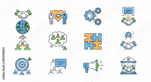 Business Partnership Icons - Collaboration, Agreement, and Global Cooperation.