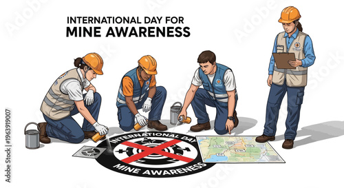 Illustration of four workers in orange hard hats and vests examining a map and discussing mine risk education for International Day for Mine Awareness with a humanitarian demining concept.