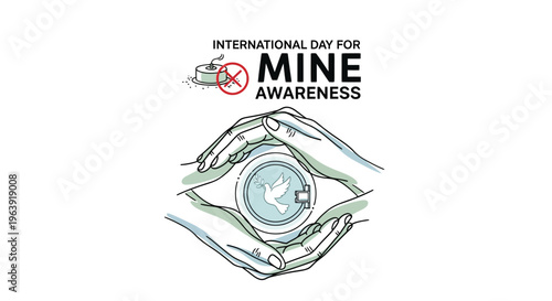 Illustration of hands cradling a globe with a mine symbol crossed out for International Day for Mine Awareness against a clean white background with a humanitarian demining concept.