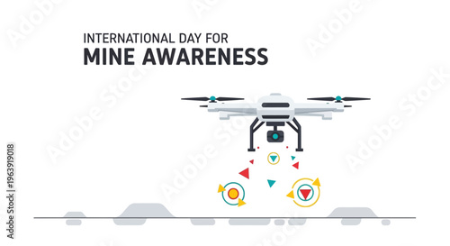 Illustration of a drone dropping awareness icons for International Day for Mine Awareness and humanitarian demining concept with vector design elements.