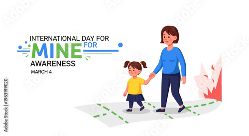 Illustration of a woman and child walking hand in hand on a safe path on International Day for Mine Awareness with a humanitarian demining concept and anti-landmine campaign design.