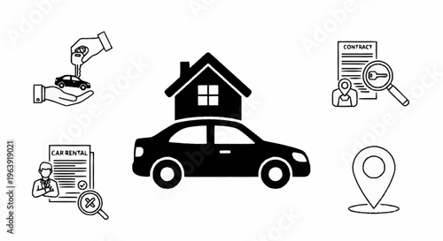 Car, House, and Contract Icons - Real Estate and Rental Services.