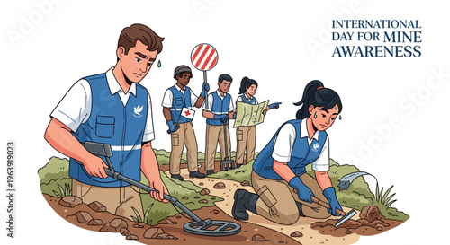 Illustration of people in blue vests searching for landmines on a dirt hill for International Day for Mine Awareness with a humanitarian demining concept.