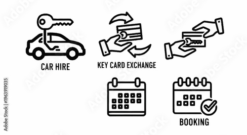 Car Hire, Key Card Exchange, and Booking Icons Set.